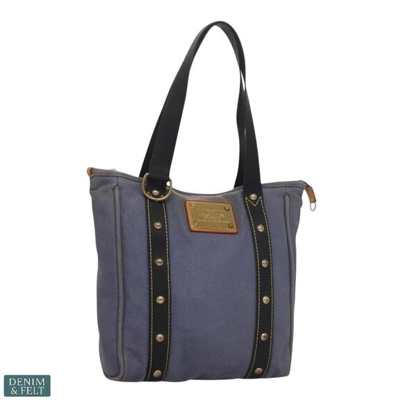 LOUIS VUITTON Antigua Cabas MM Blue Canvas Tote Bag Studded Hardware Vintage
